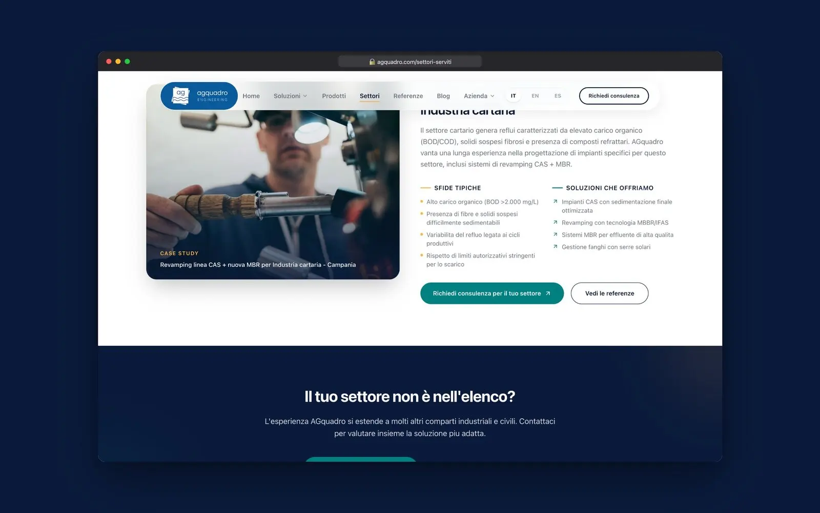 Pagina dei settori serviti con sfide tipiche e soluzioni