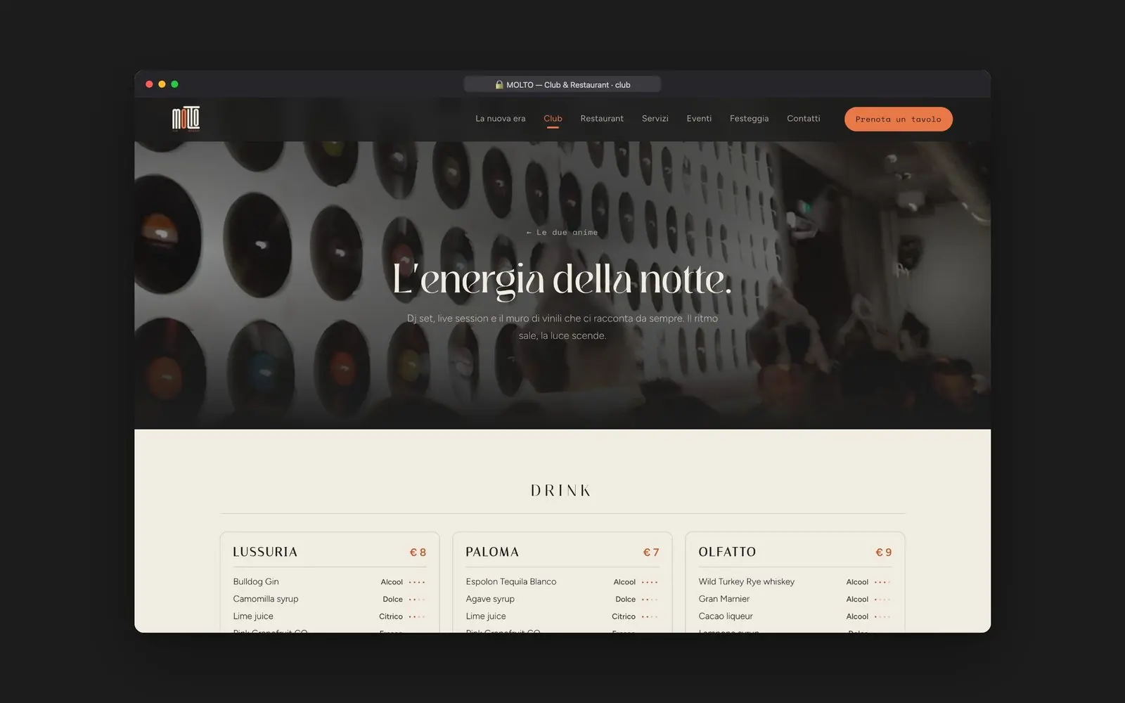 Pagina Club del sito MOLTO con il menu drink