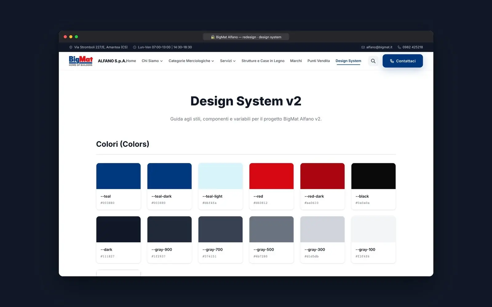 Design system del sito BigMat Alfano: palette colori
