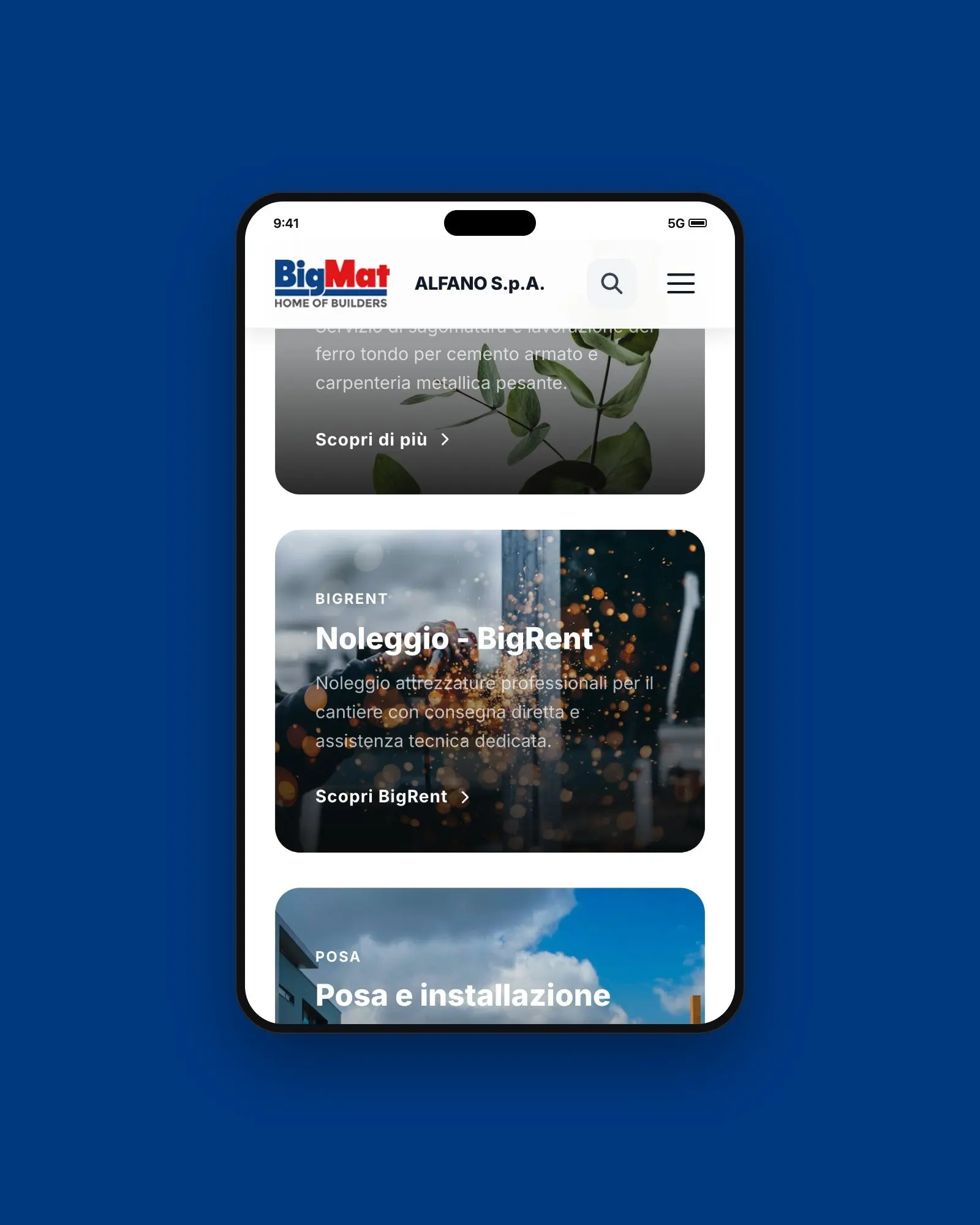 Card dei servizi BigMat Alfano nella versione mobile