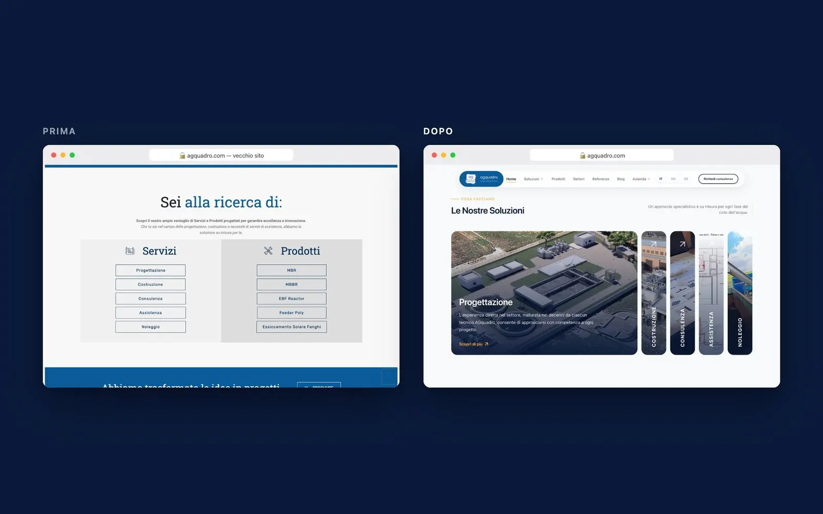 Prima e dopo: la sezione servizi del vecchio sito AGquadro e le nuove soluzioni