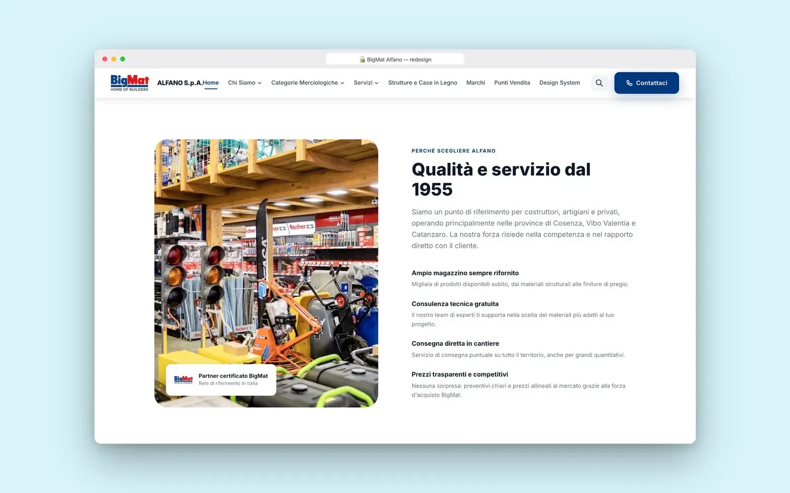 Sezione «Qualità e servizio dal 1955» del redesign BigMat Alfano