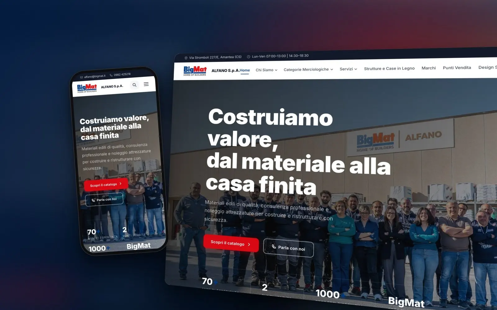 Il nuovo sito BigMat Alfano in prospettiva, con la versione mobile in primo piano
