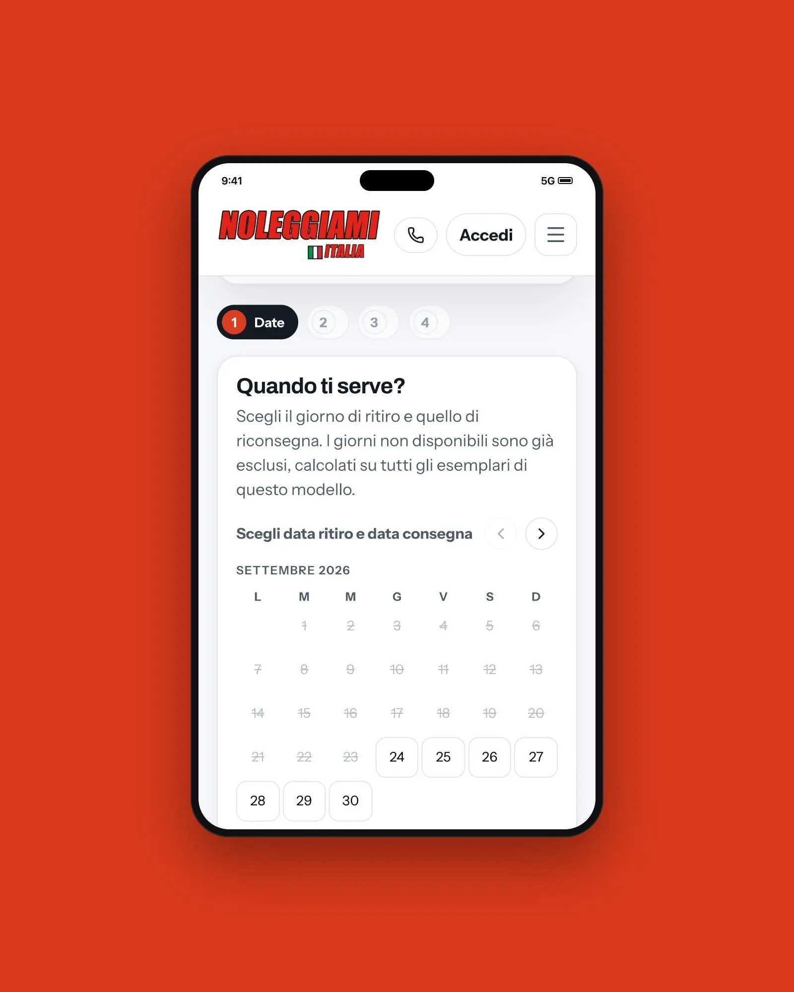 Calendario di disponibilità nella prenotazione mobile