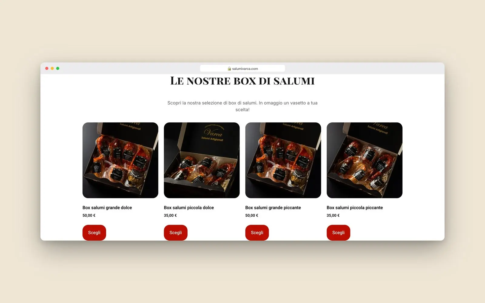 Sezione delle box di salumi sul sito Varca