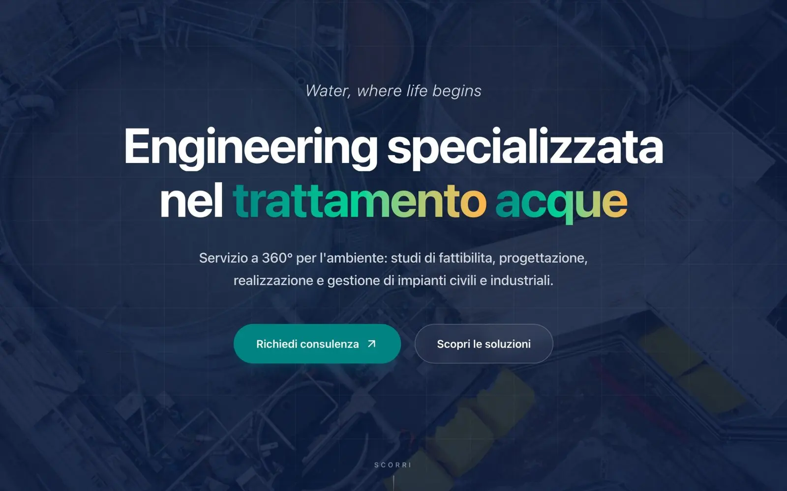 Il titolo del sito AGquadro, «Engineering specializzata nel trattamento acque», a tutto campo